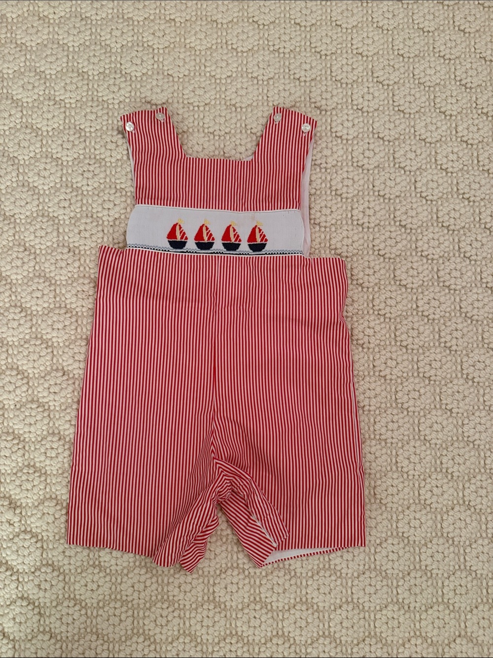 Red Striped Smocked Sailboat Kids Shortall